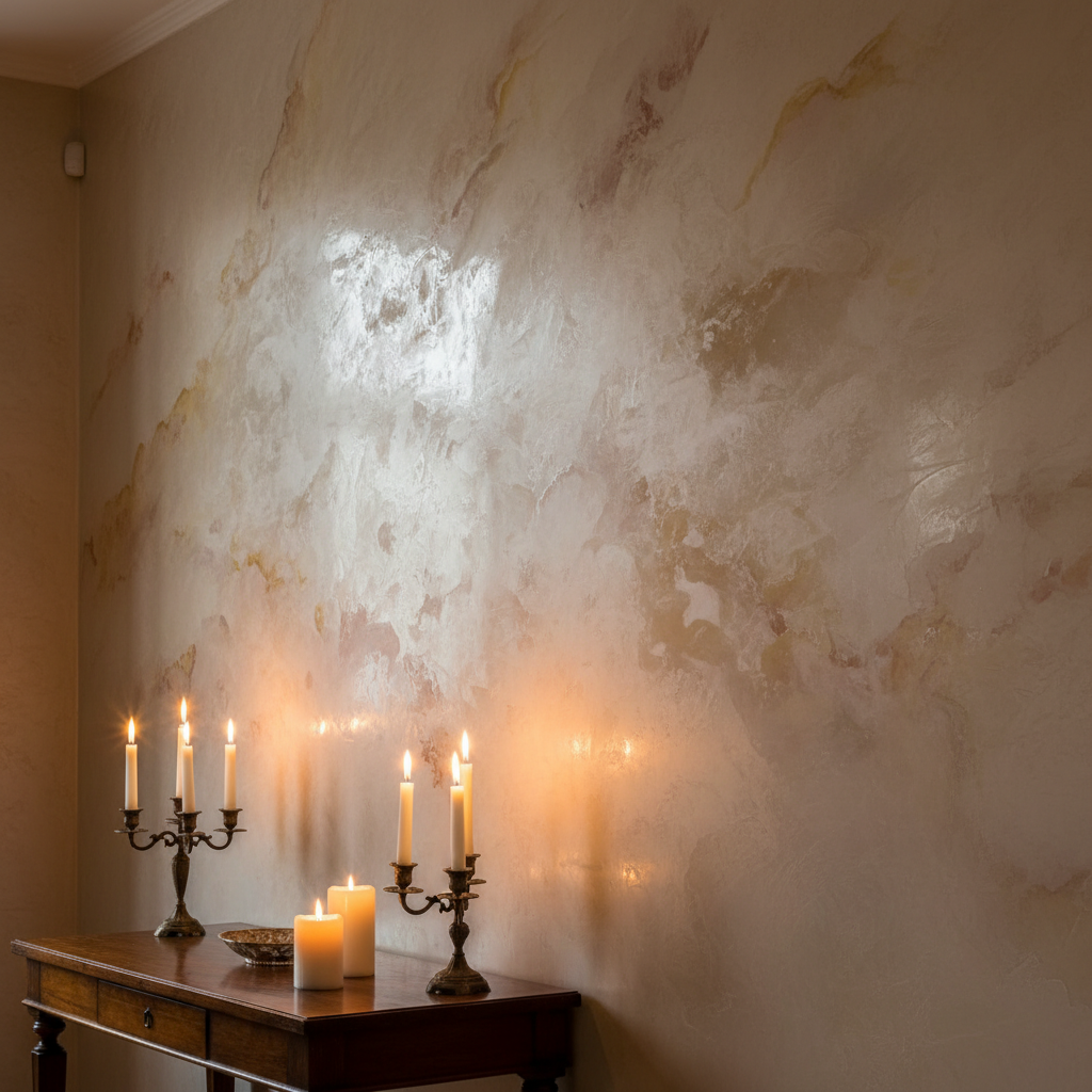 Venetian plaster dining room wall catching warm candlelight, showing deep luminous depth and subtle color variation in the marmorino finish