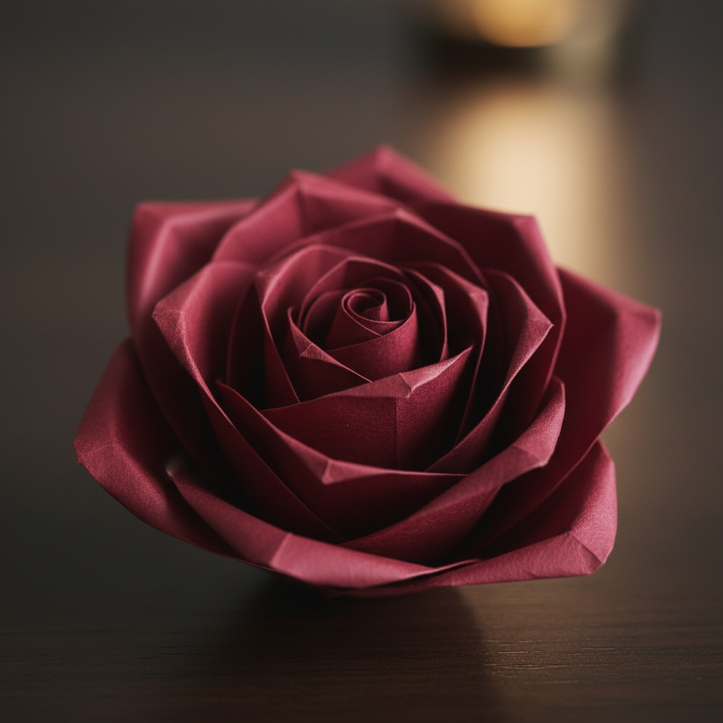 Elegant origami rose in deep red paper with tightly spiraled petals