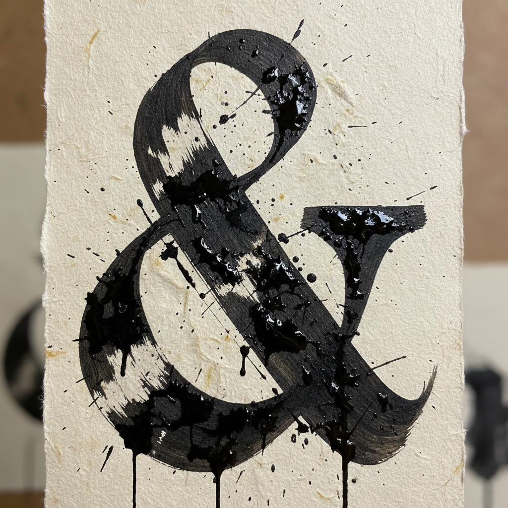 Large experimental ampersand in wet ink on textured paper catching light