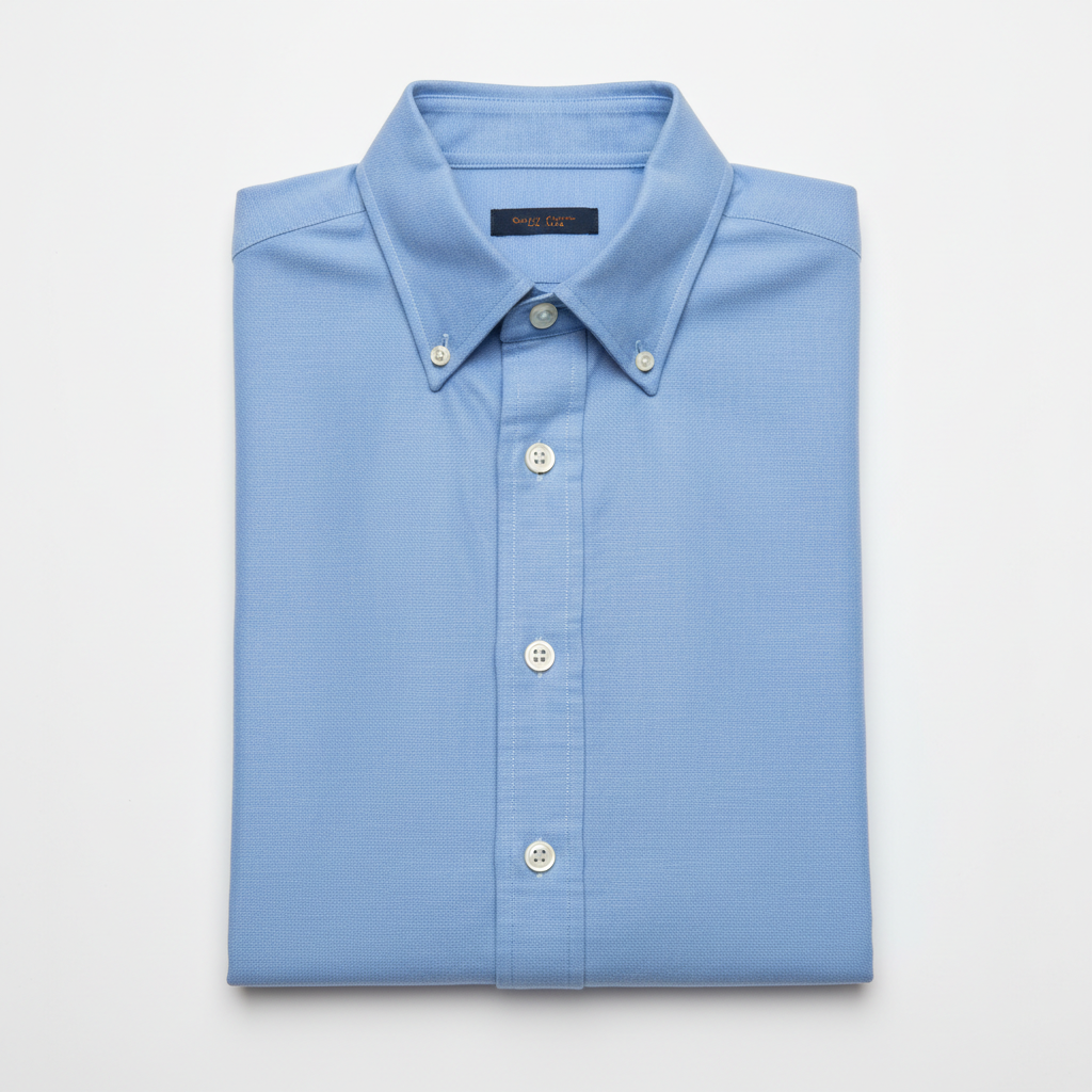 White classic oxford shirt neatly folded on neutral surface