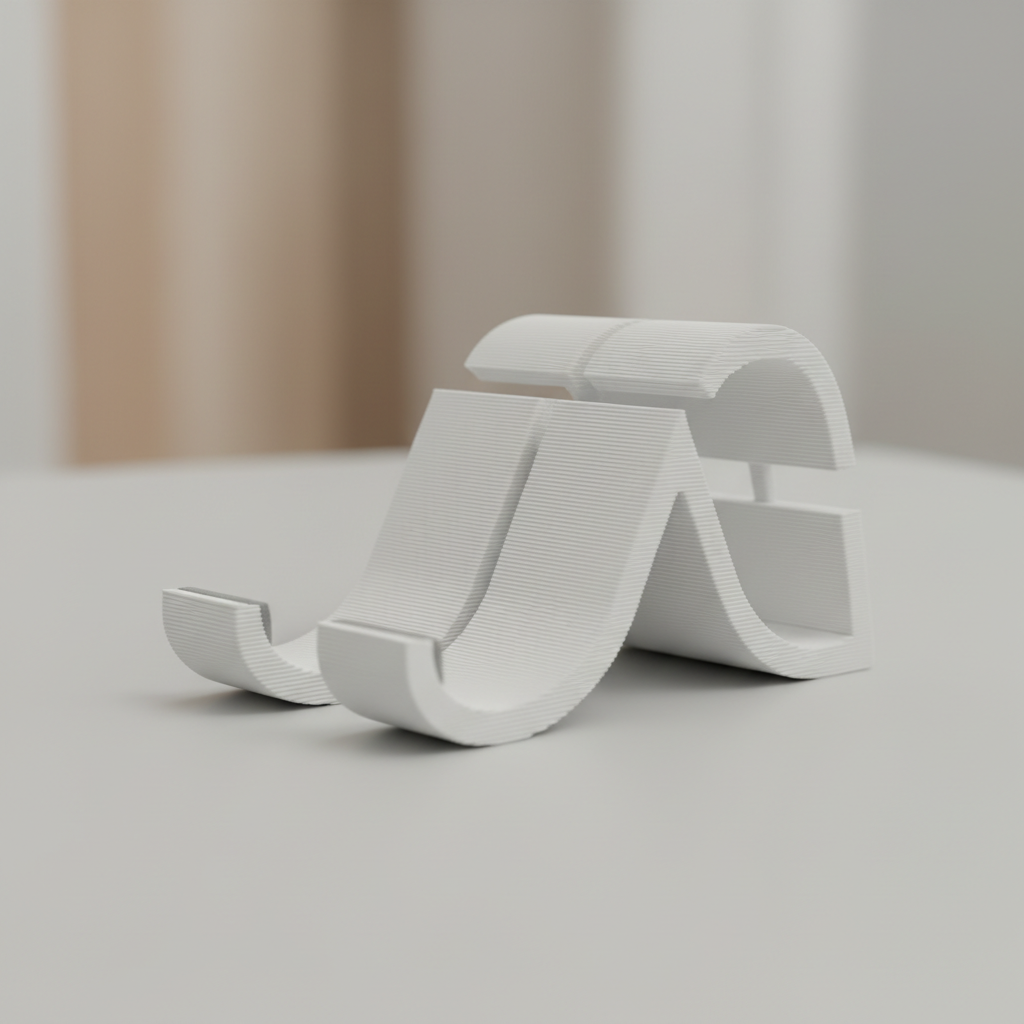 3D printed adjustable phone stand on a clean white desk, minimalist product photography