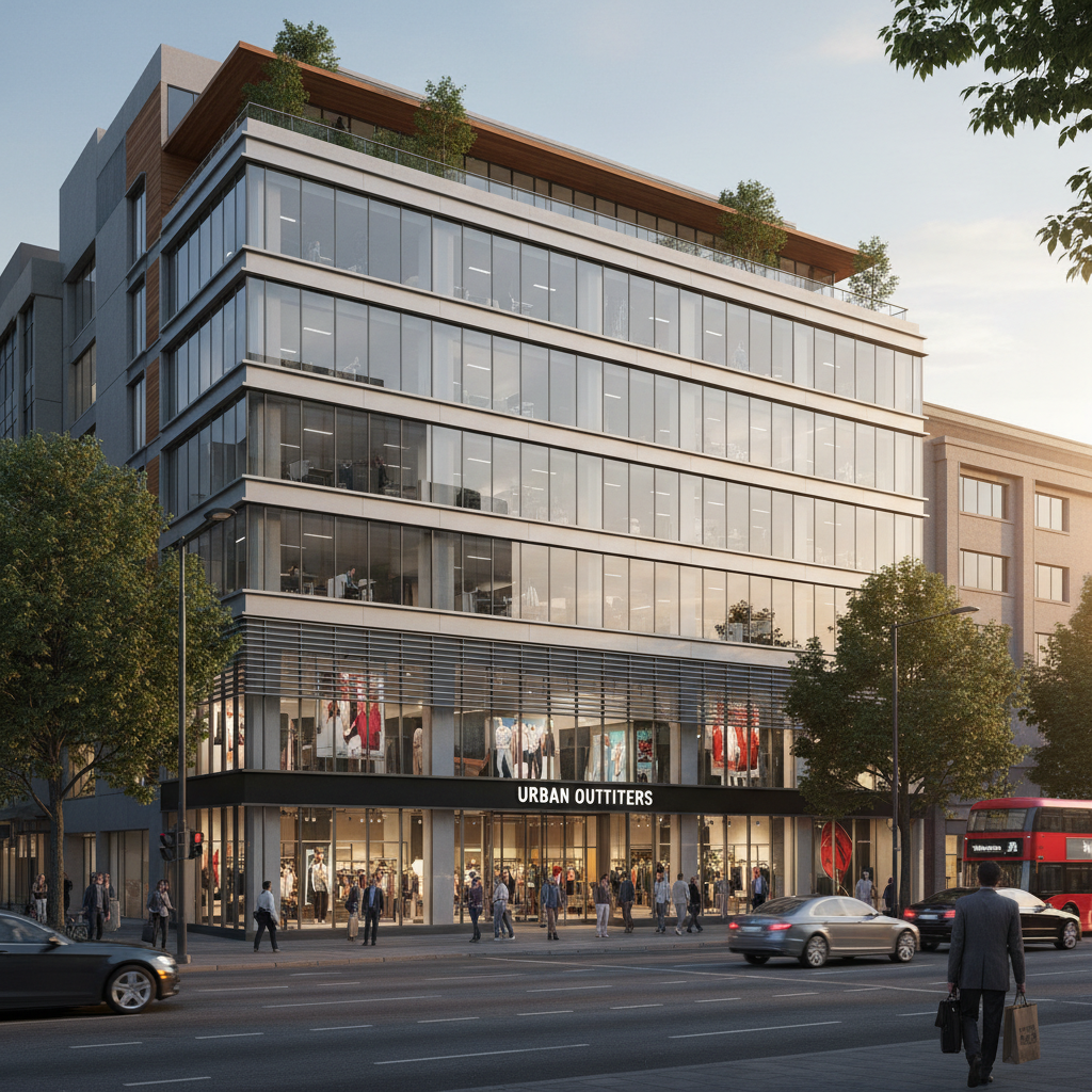 Mixed-use development with ground-floor retail and upper-floor offices, urban streetscape setting