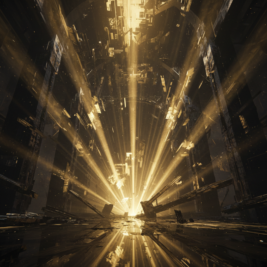 Abstract gold light streams flowing through dark architectural space — precision and depth