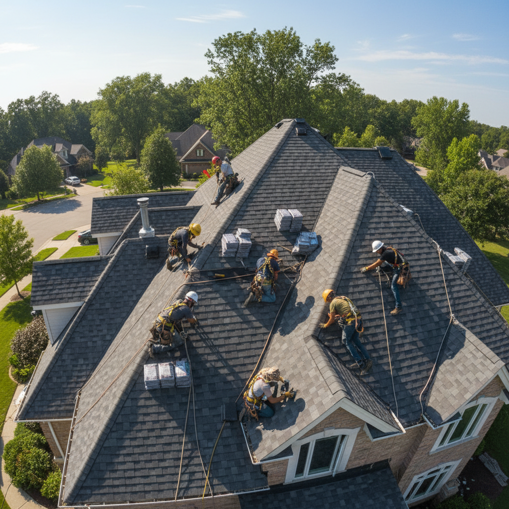 Construction crew performing roof restoration work on a residential home, safety equipment, professional scaffolding