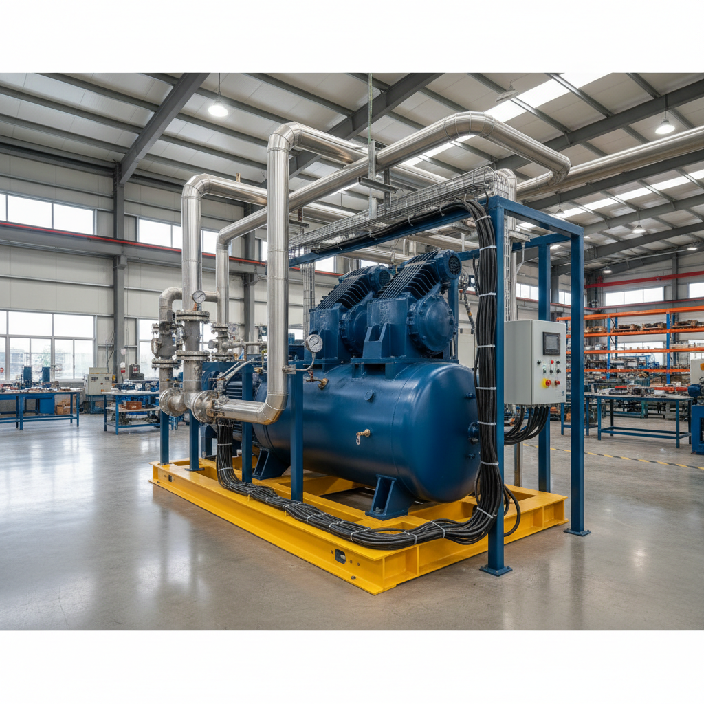 Industrial compressor field installation in manufacturing plant showing skid mounting and pipe connections