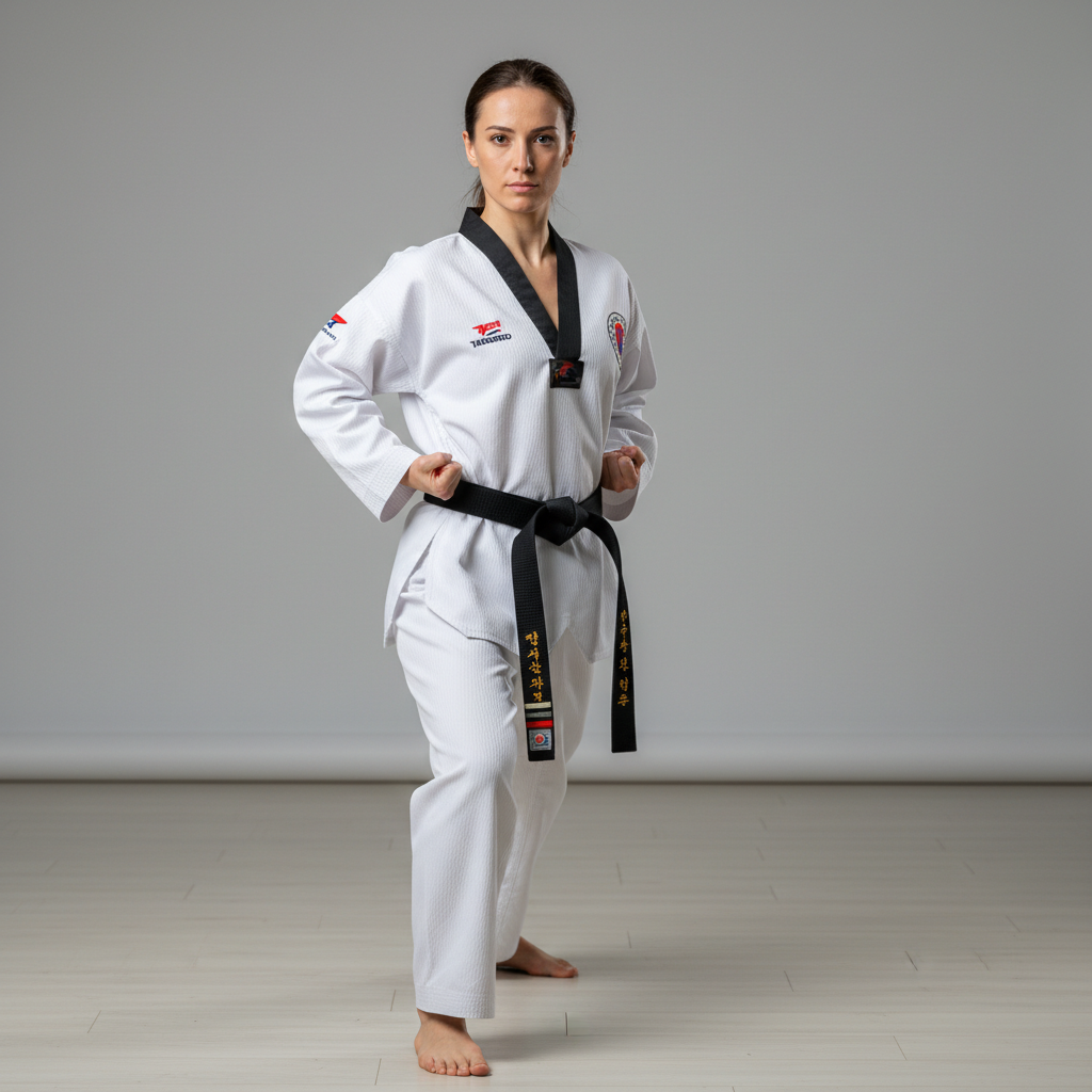 Female kickboxing instructor in fighting stance, bright training studio, confident and powerful