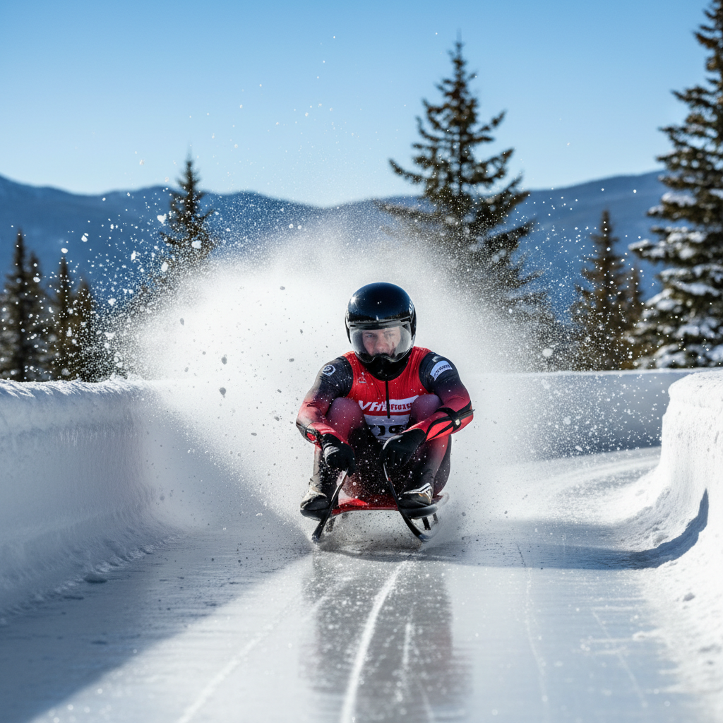 Athlete in full protective gear mid-recovery on luge track, ice spray visible