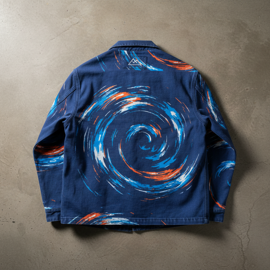 Canvas chore jacket back view showing motion print