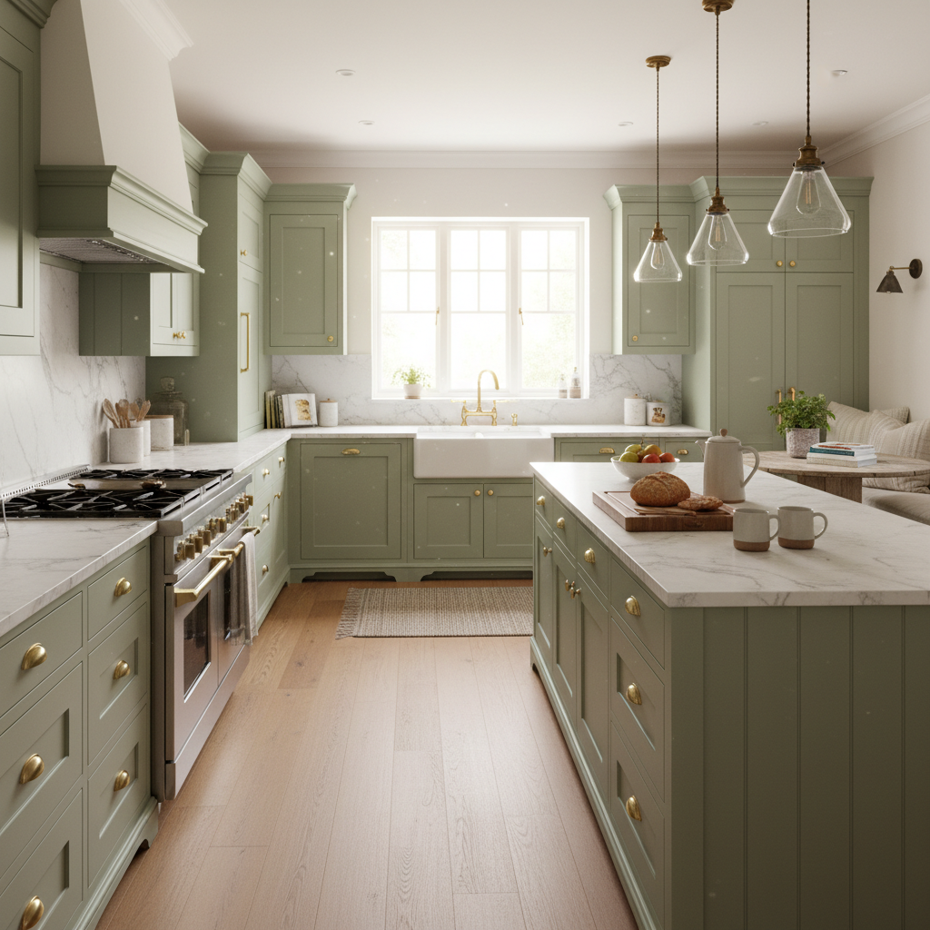 Classic shaker-style kitchen with sage green cabinetry and brass hardware installed in Richmond