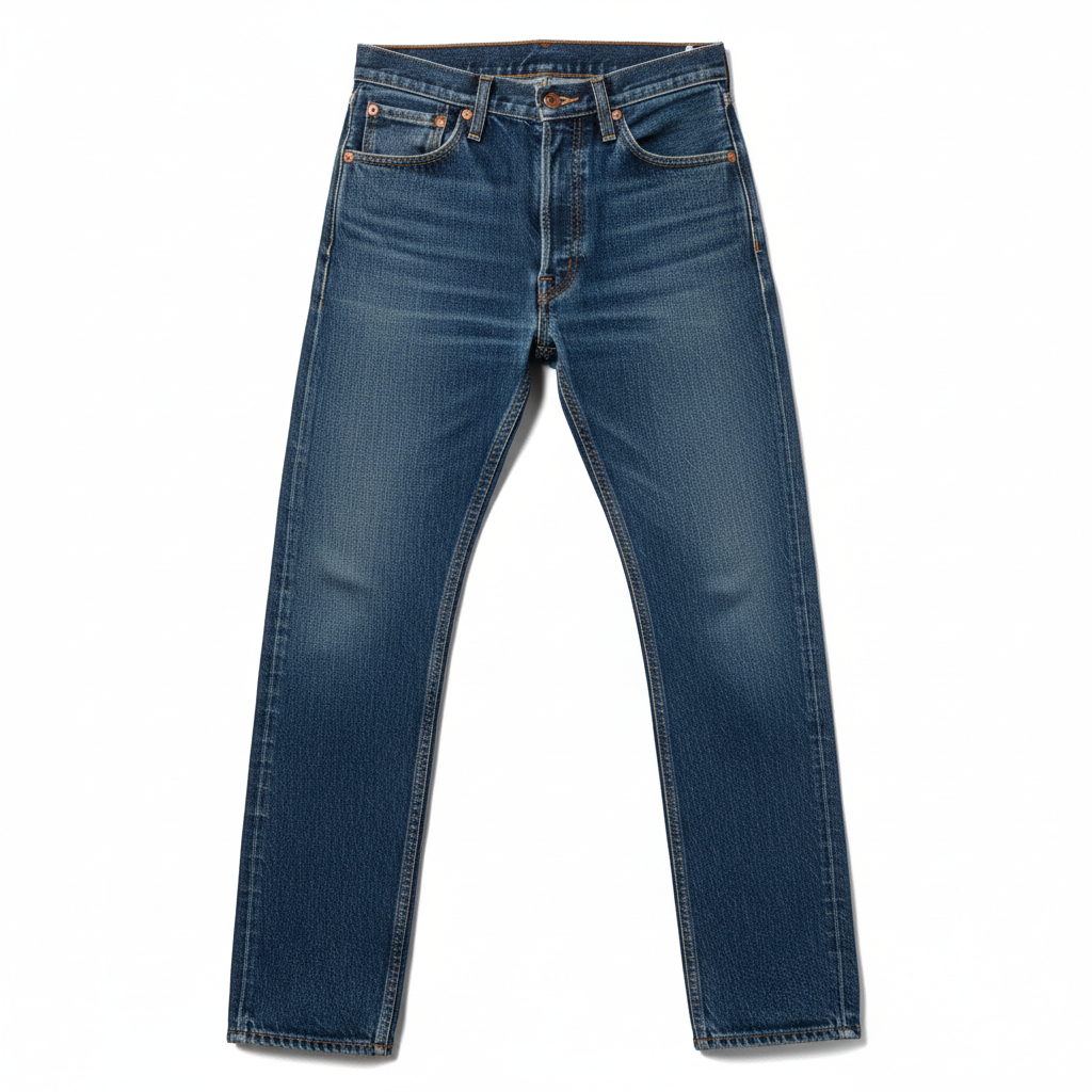 Classic straight fit dark wash denim jeans flatlay on white surface