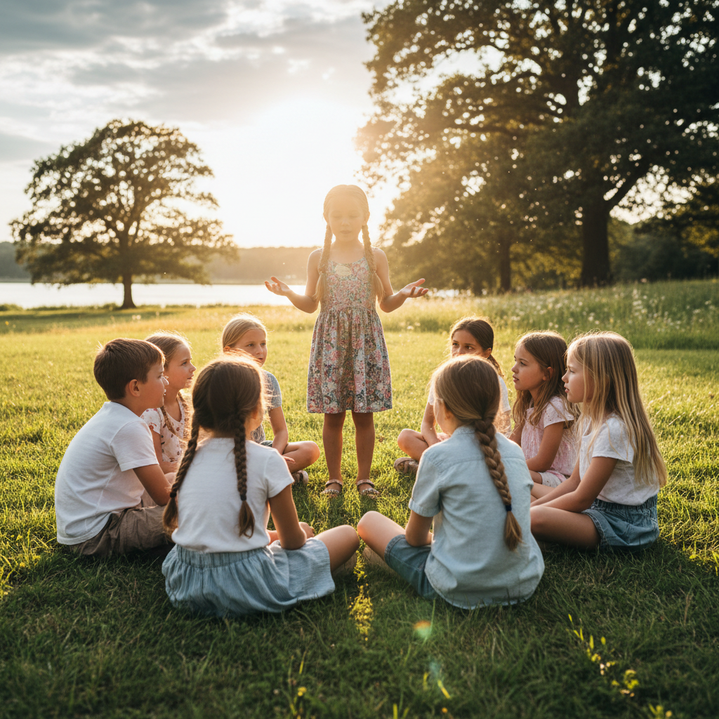 Group of children in a circle, one child speaking while others listen attentively, warm afternoon light