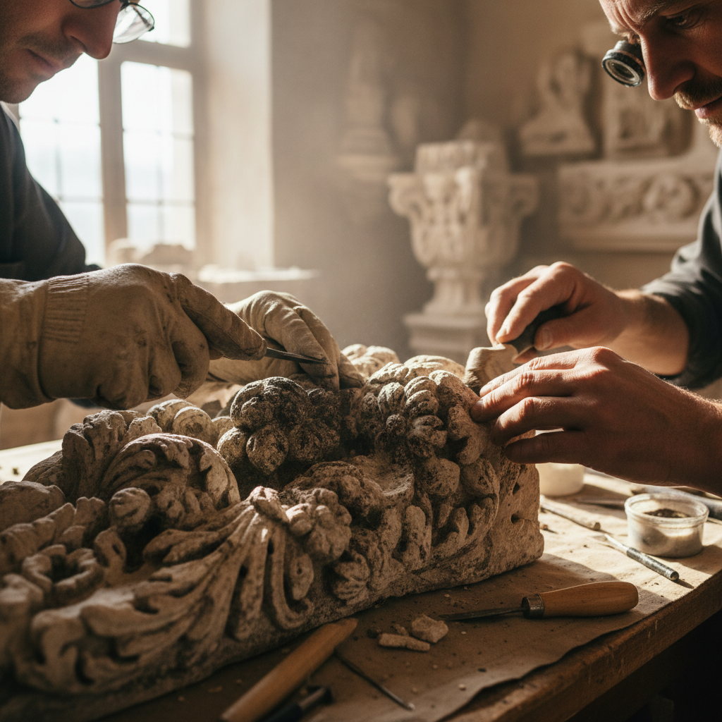 Heritage restoration in progress, craftsmen carefully restoring ornate stone carvings, scaffolding against palace walls, detailed close-up work