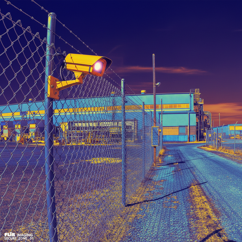 Thermal imaging security camera with cylindrical housing on a tripod mount, industrial facility background with low lighting