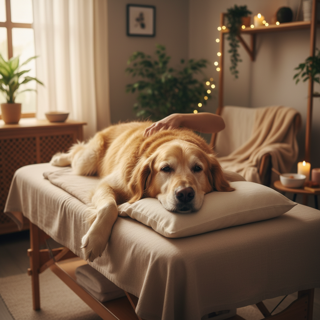 Senior golden retriever resting comfortably on soft bed, calm and healthy, warm indoor lighting