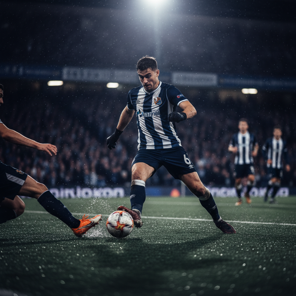 Striker in club colours, stadium backdrop, intense gaze, dim atmospheric lighting