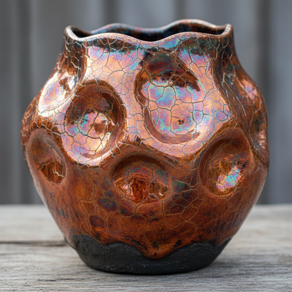Raku-fired ceramic vessel with crackled copper glaze and organic asymmetric form