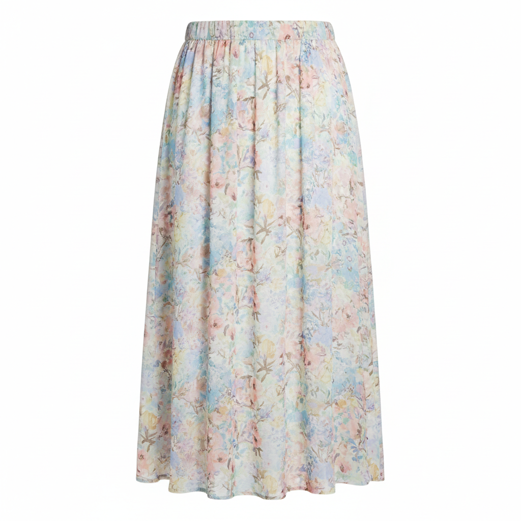 Colorful printed midi skirt with tropical pattern on display