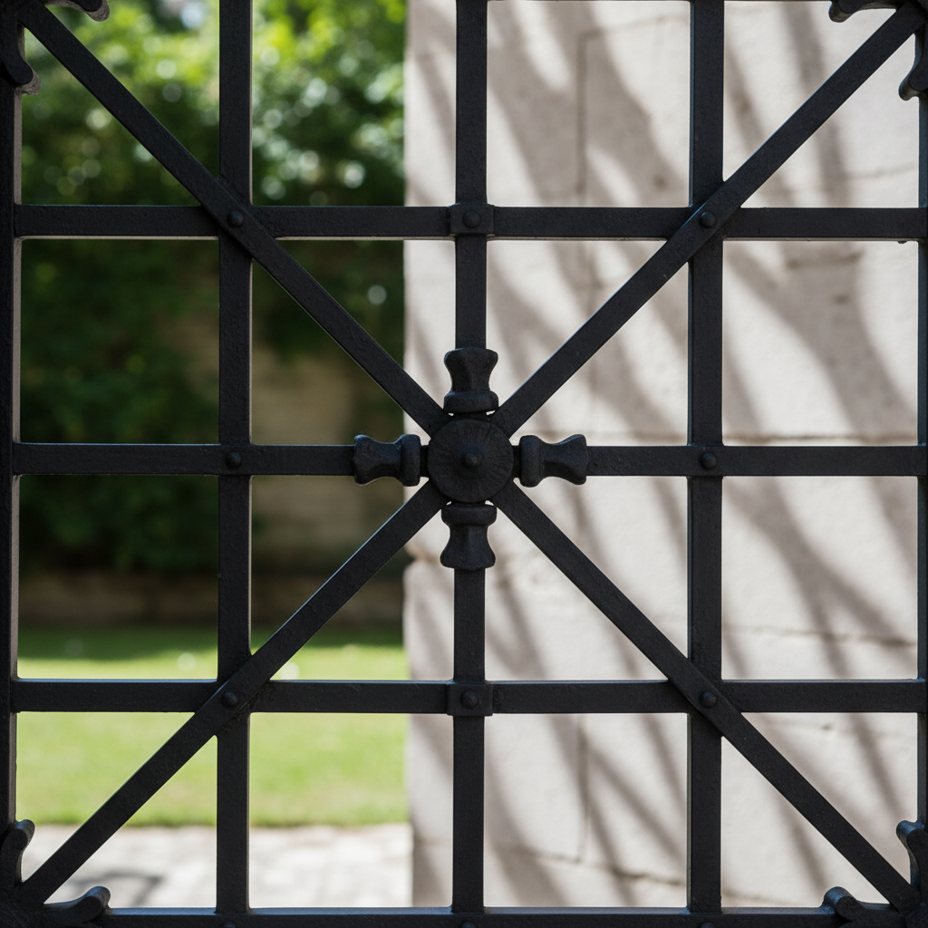 Contemporary aluminum security gate with geometric pattern, dark powder-coated finish, residential driveway