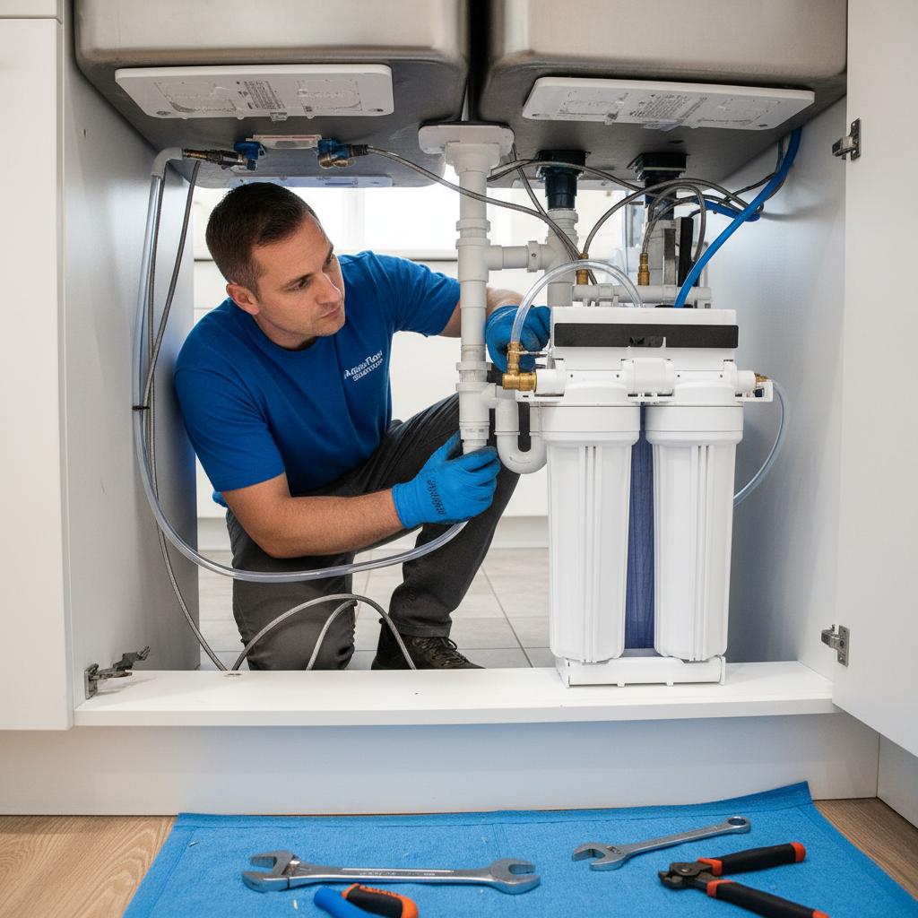 Caleb Osei, field technician, installing a water filtration system under a kitchen sink