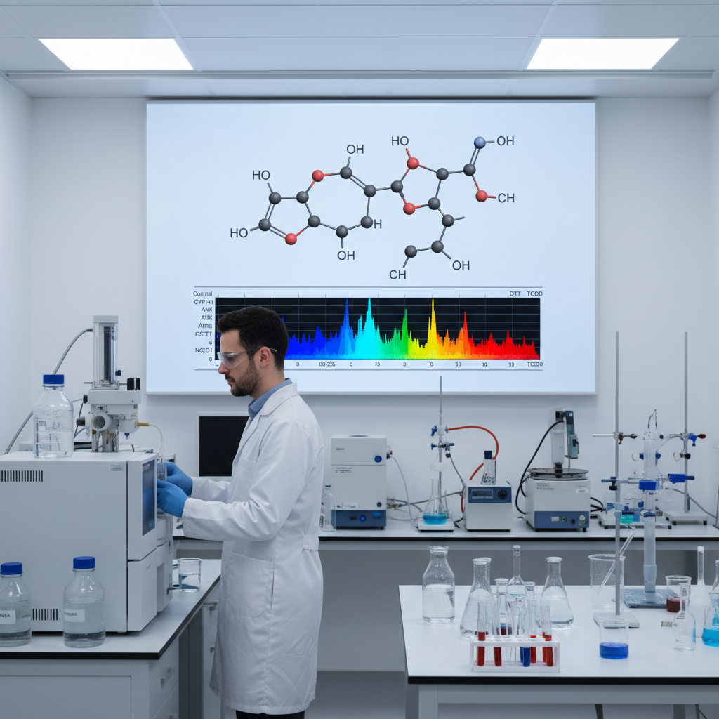 Chemical laboratory analysis of persistent organic pollutants and PCBs showing molecular structures and gene expression heatmap data