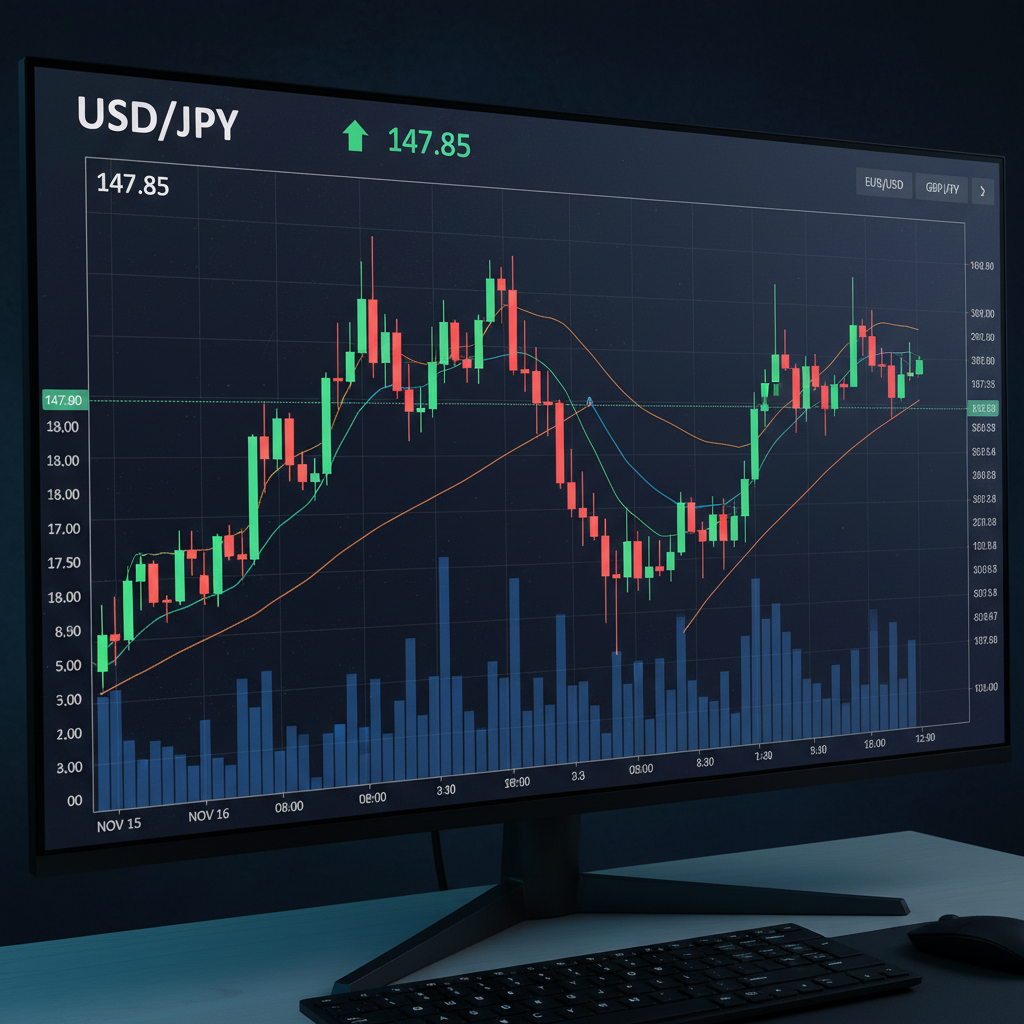 Trading chart showing EUR/USD uptrend on dark monitor with green candlesticks and profit targets marked