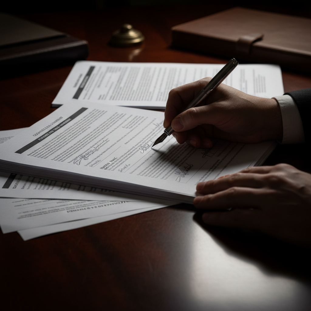 Commercial real estate deal closing paperwork on dark desk, low-key professional lighting, deep shadows, moody atmosphere