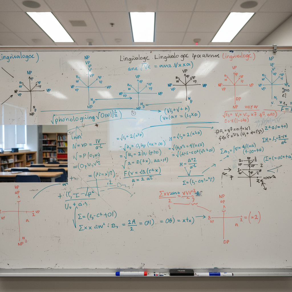 Whiteboard covered in linguistic tree diagrams and handwritten equations during a research session
