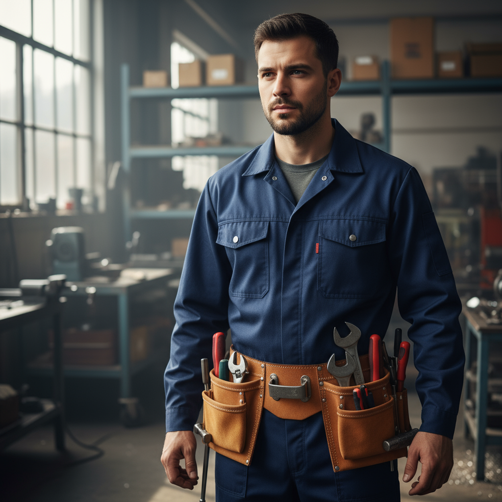 Filipino man in his 30s with short black hair wearing blue work uniform holding tools