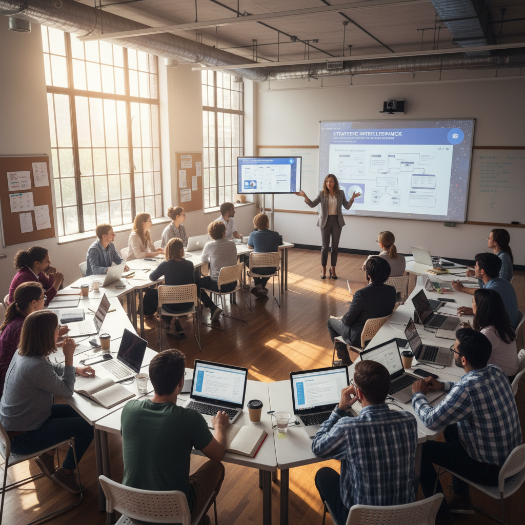 Female instructor in professional attire smiling warmly in a bright, well-lit classroom with natural light