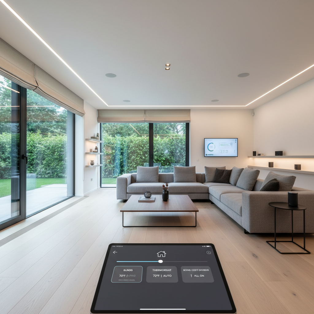 Modern smart home interior with automation controls, warm bright living space