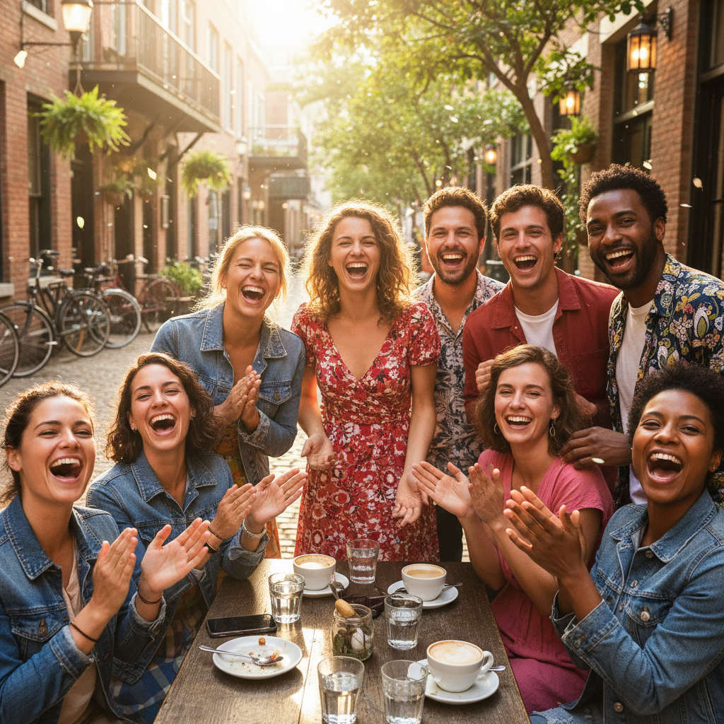 Group of Cuban American friends laughing around a table with café con leche cups at a Sunday supper