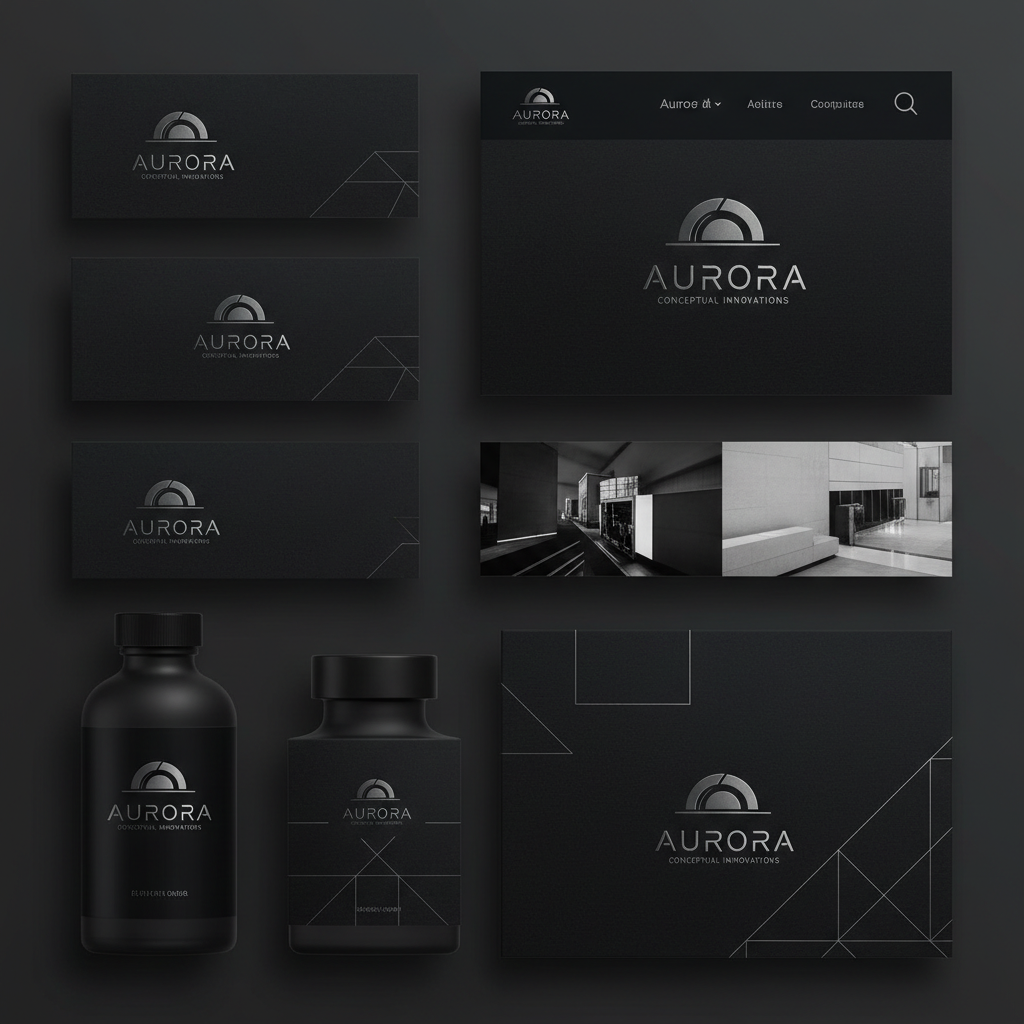 Modern brand identity displayed on clean dark background with minimal design