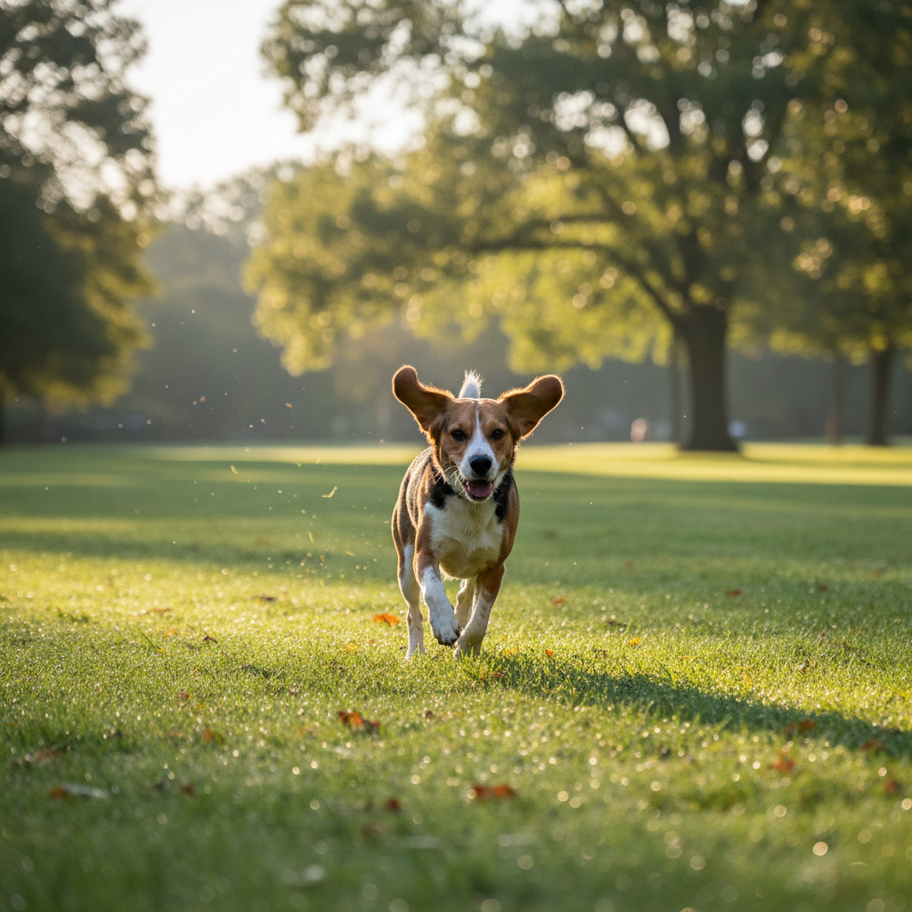Beagle mix with floppy ears and brown coat running in a field