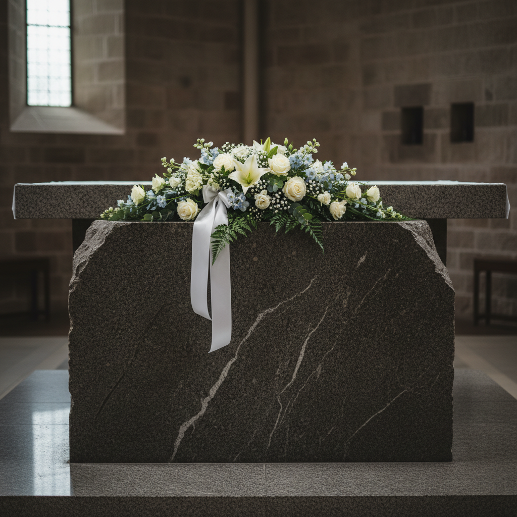 Wide airy photograph of a completed funeral arrangement resting on a stone surface, negative space surrounding the blooms