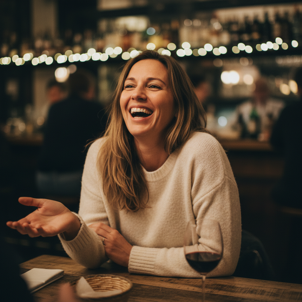 Sasha Kim, woman laughing at restaurant table