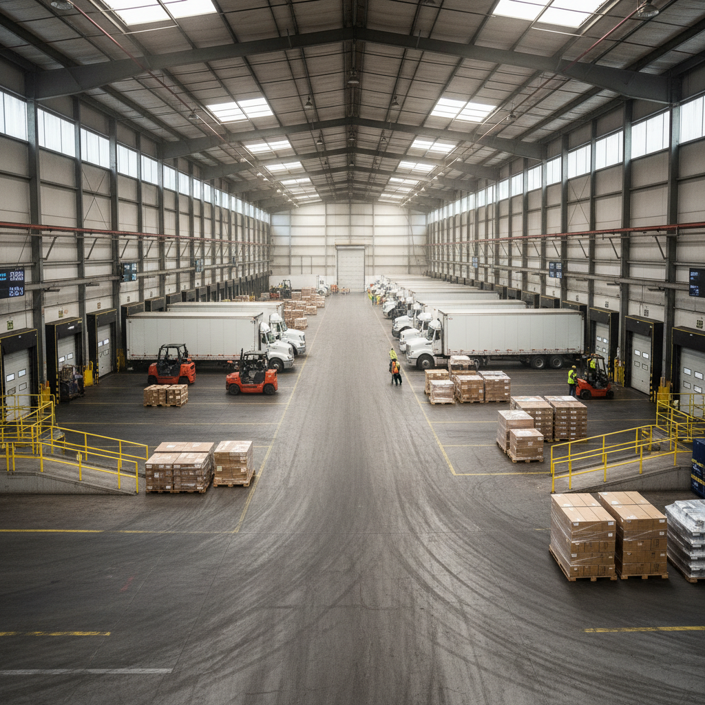 Cross-dock facility with multiple loading positions and staging area inside warehouse