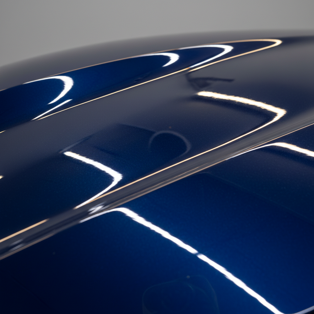 Deep gloss car paint with perfect reflection after professional polishing
