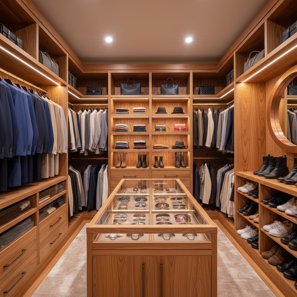 Beautifully organized custom closet after Curate consultation with cedar shelving and amber lighting