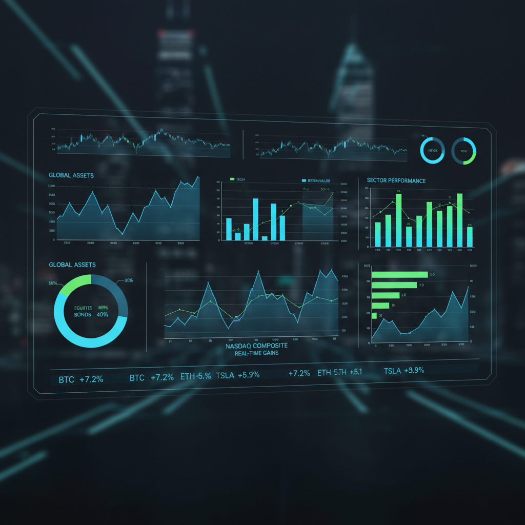 FinTech dashboard with analytics charts and financial data visualization on dark background
