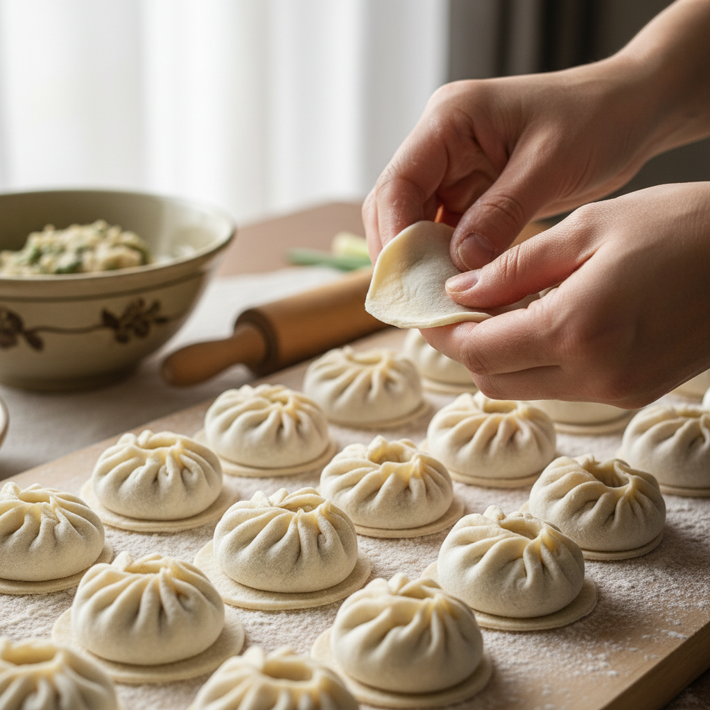 Close-up of hands folding mandu dumplings on a floured wooden surface, the pleating technique showing generations of practice