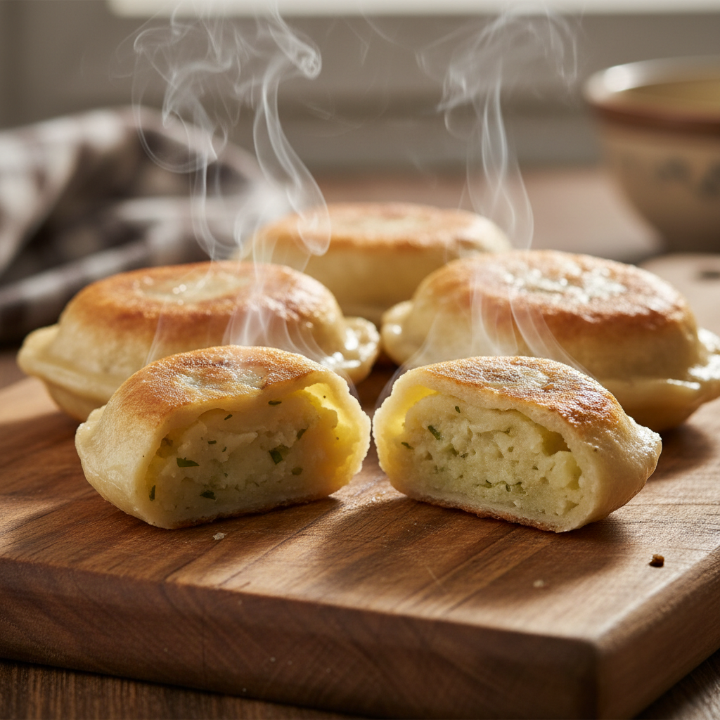 Golden varenyky dumplings split open with steam rising on a wooden board