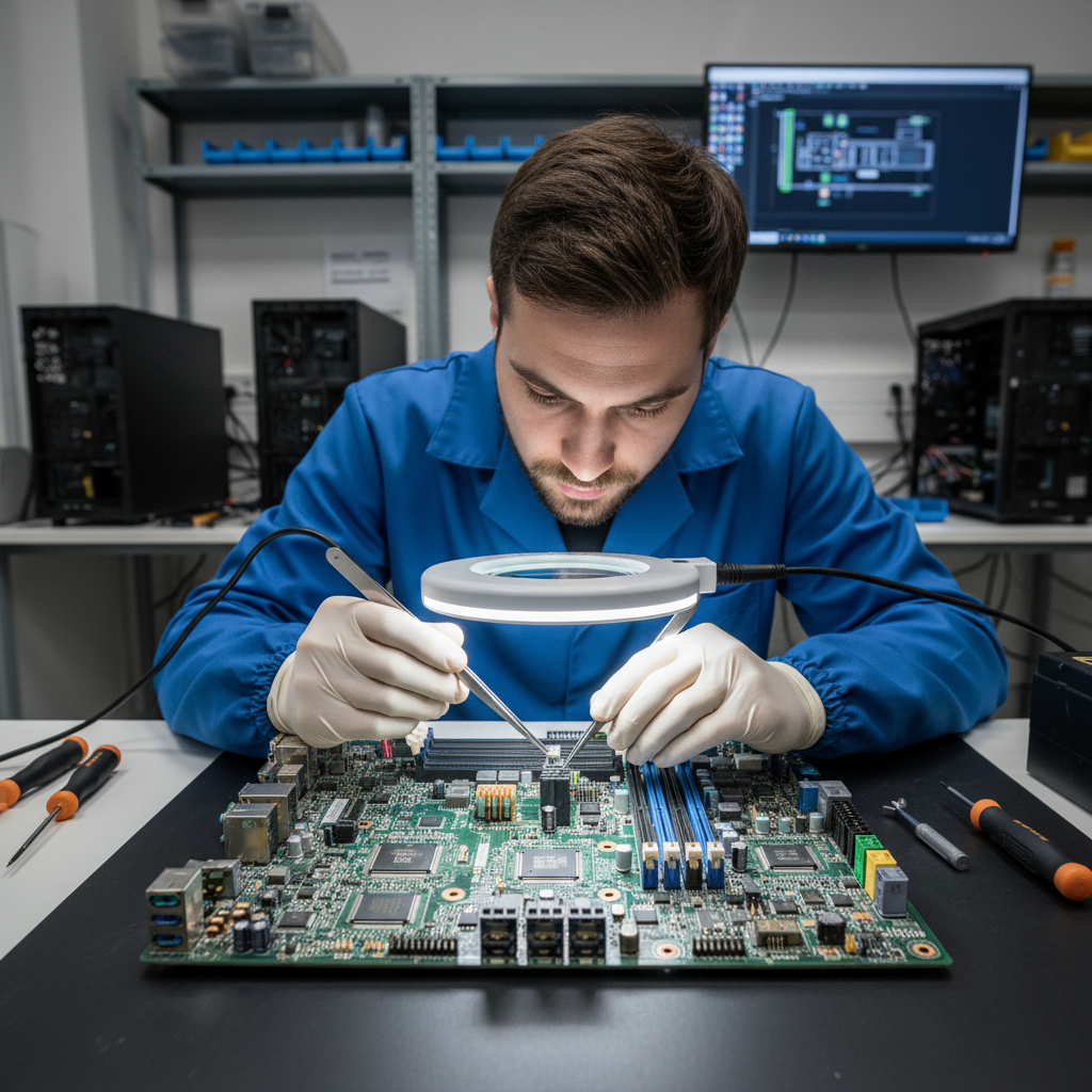 Technician dismantling old computer components on a clean workbench in a professional facility