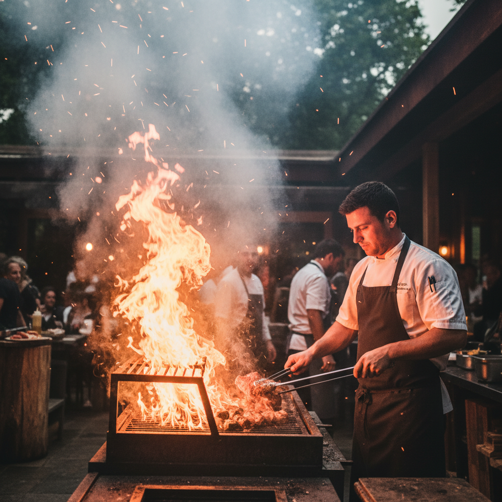 Steaming open-fire grill with dramatic smoke and flames illuminating a chef at work