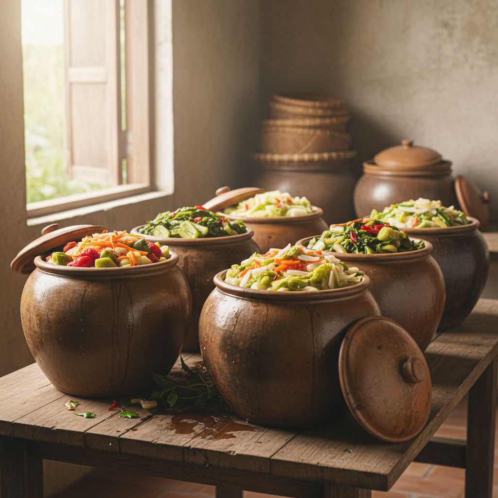 Fermented and pickled Vietnamese vegetables in earthenware jars on a wooden table