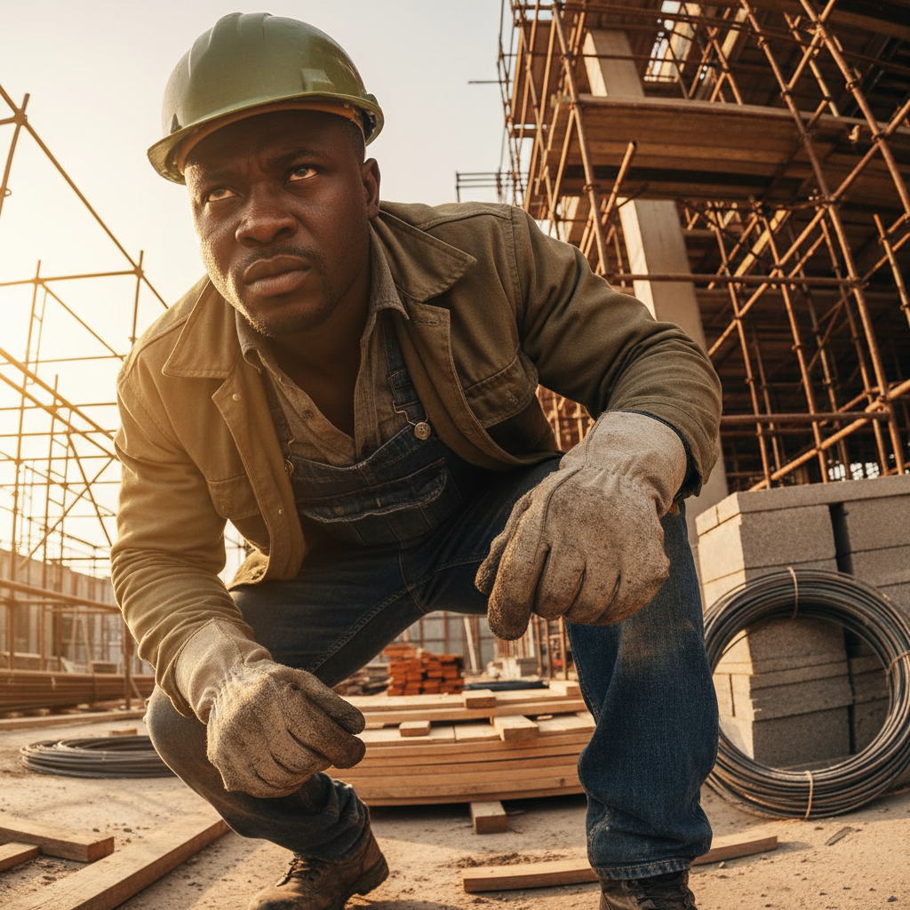 African man in construction helmet smiling on a building site