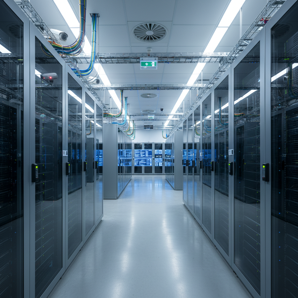 Secure data centre with locked server racks representing tamper-proof email storage infrastructure