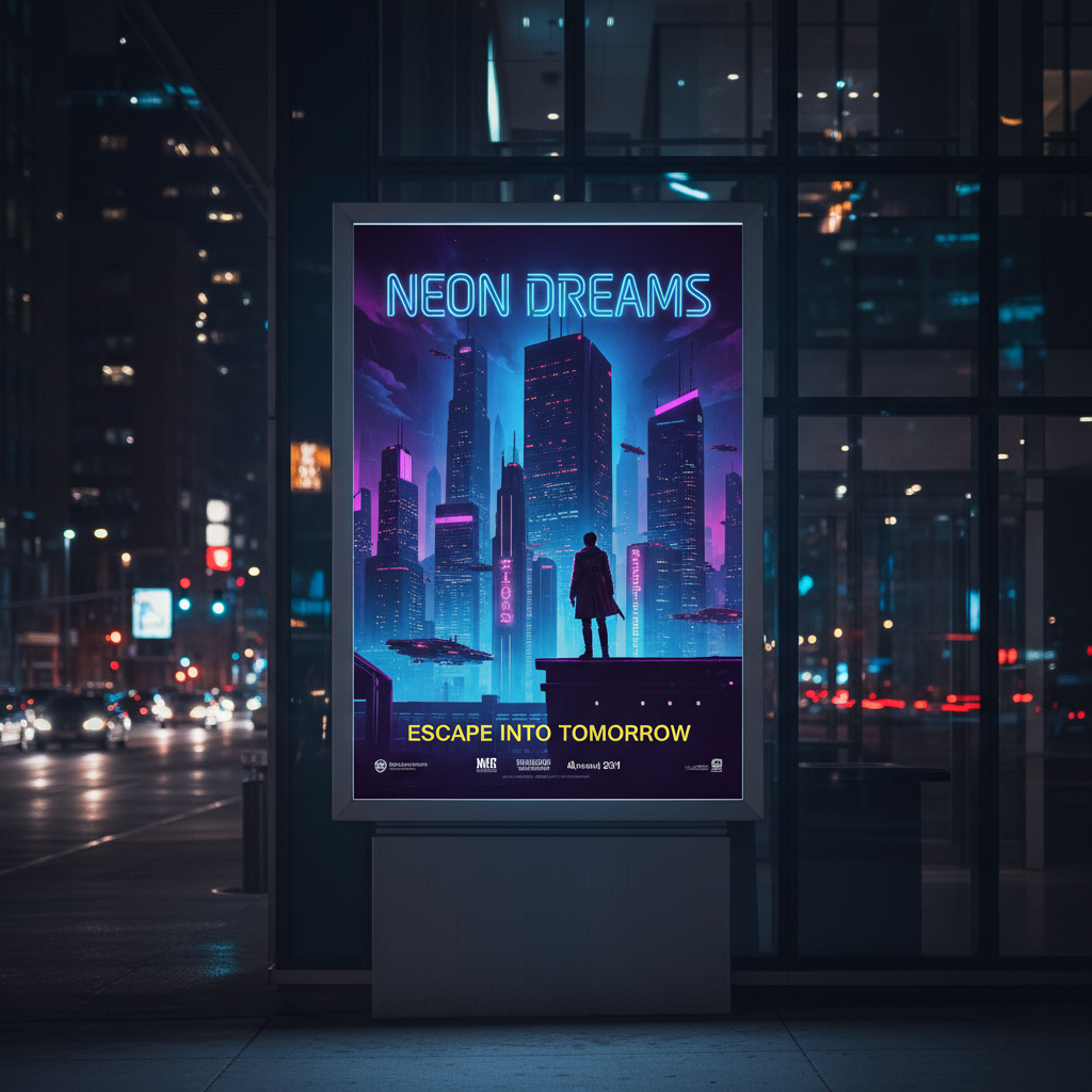 Movie poster design mockup on urban billboard at night