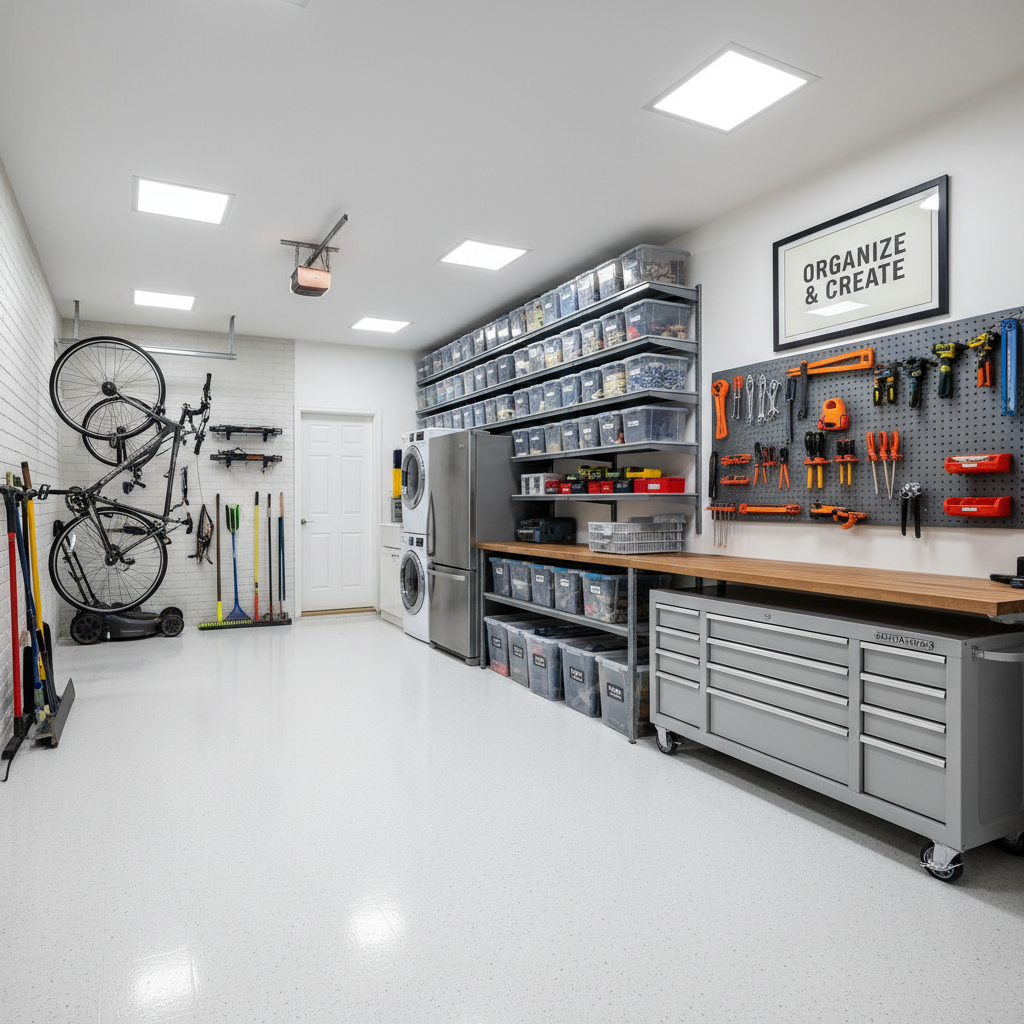 Clean bright residential garage with glossy speckled decorative flake epoxy floor, white walls, organized modern space