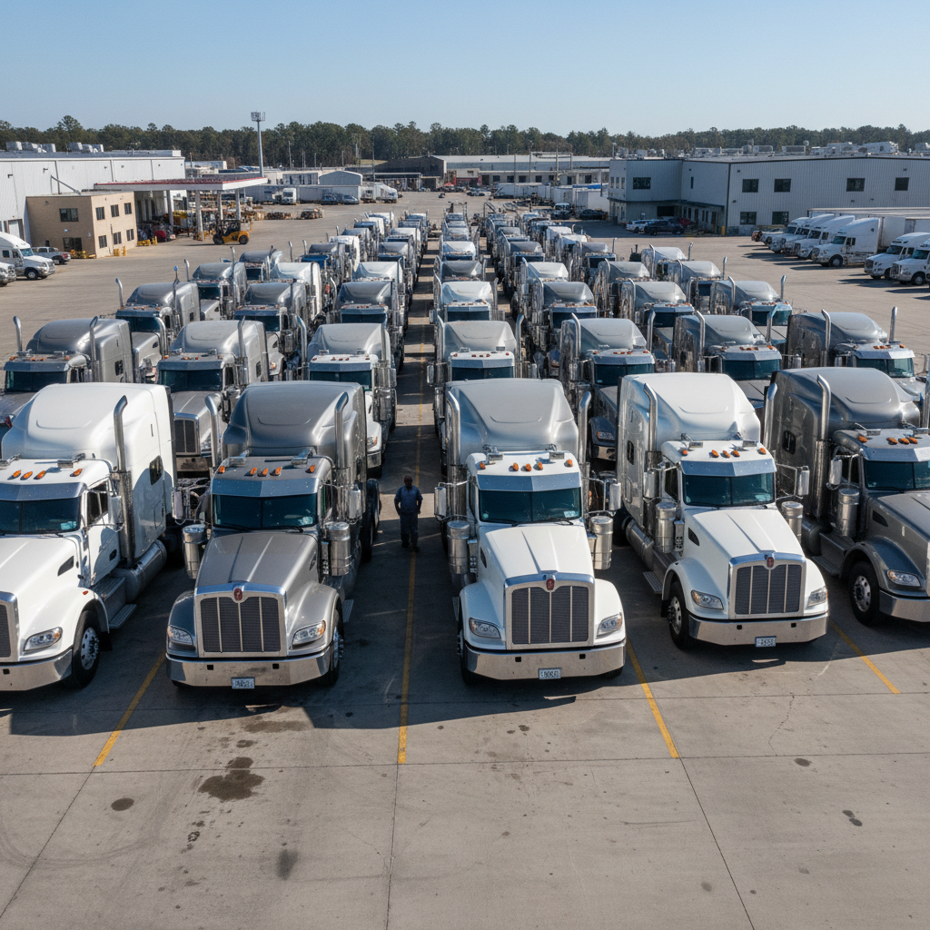 Heavy duty commercial trucks parked at fleet depot yard showing Class 8 vehicles