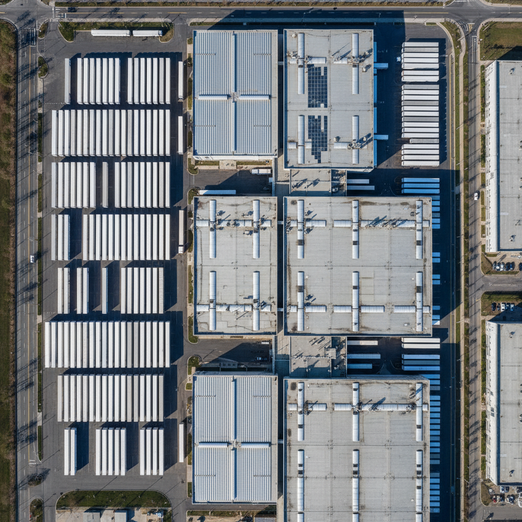 Aerial view of massive distribution campus with rows of trailers and geometric warehouse rooflines